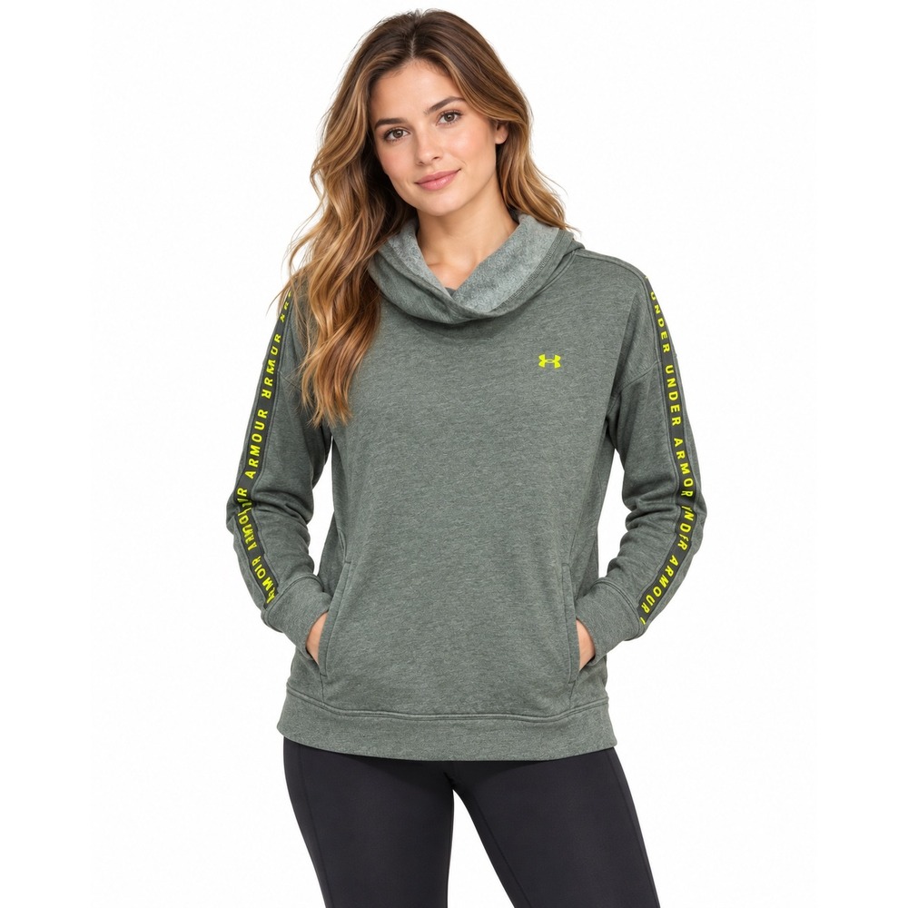 Under Armour Women's Gray Green Cowl Neck Hoodie Neon Logo Sleeve Tape Size S